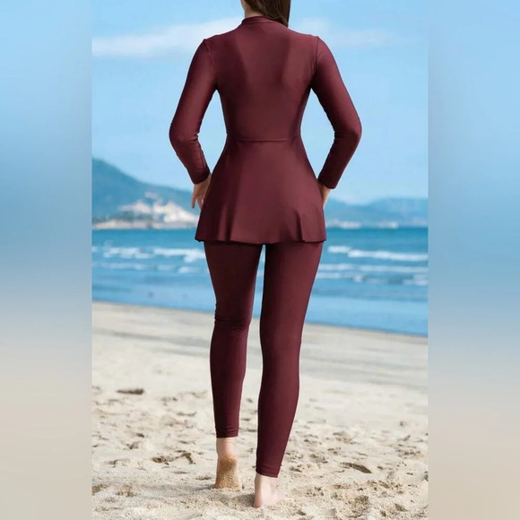 Women’s burkini Long Sleeve One-Piece Swimsuit – Burgundy, Solid Color, Size S - Picture 2 of 10